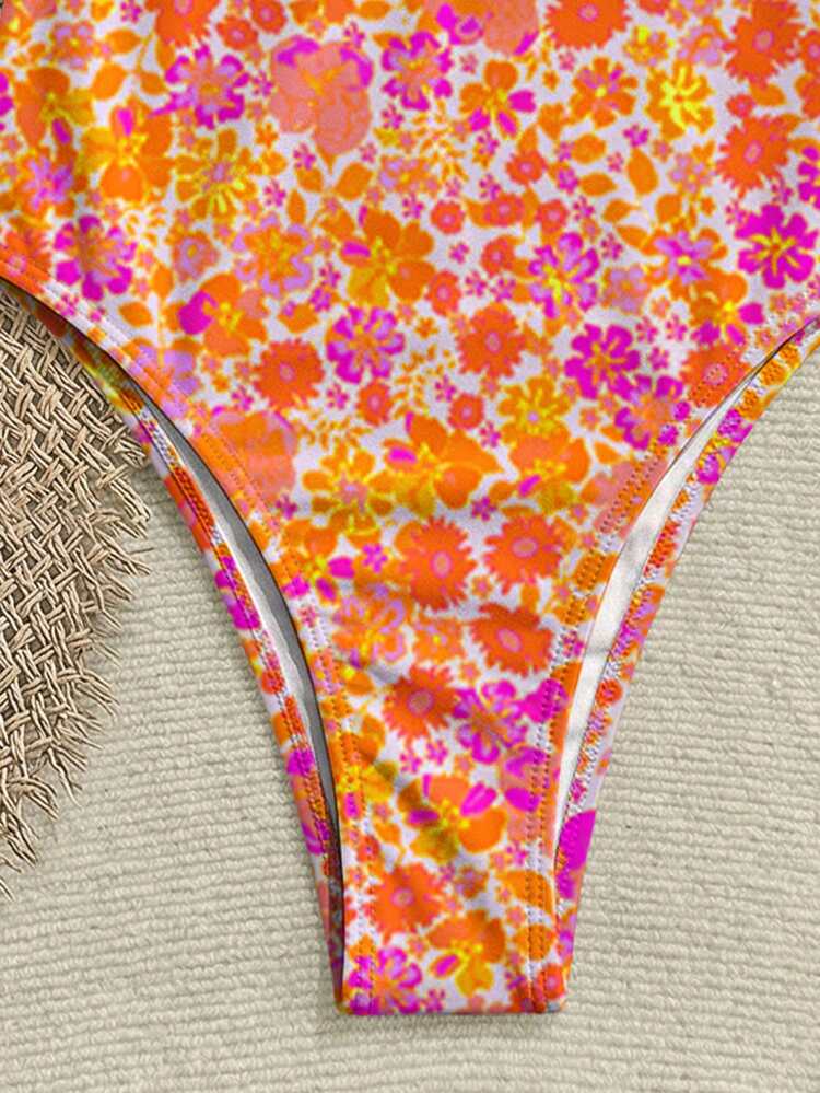 Soleia 休闲可爱橙色碎花荷叶边连体泳衣，适合春夏度假 - 彩色 - 查看 5