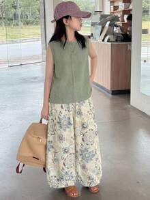 Dazy Kids 2pcs/Set Tween Girls Ditsy Floral Sleeveless Top And Pants Set, Autumn - Green - View 6