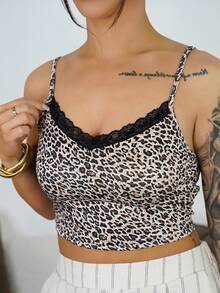 SAYEHFBABY 女士夏季蕾丝拼布 V 领修身吊带背心 图案猎豹印花 T 恤 女士上衣 - 彩色 - 查看 3