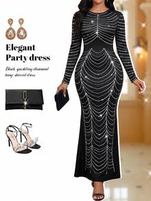 Fleurora 生日派对礼服女士长裙黑色圆领女裙钻石印花设计女裙优雅宴会酒会女士长裙黑色长袖连衣裙长款秋季连衣裙长款秋季连衣裙秋季女裙 - 黑色 - 查看 1