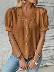 Breezaya Áo kiểu nữ tay cánh hoa phối ren màu trơn tương phản - màu nâu - Xem 4