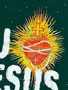 Manfinity Dauomo Mens Green Sleeveless Jesus Sacred Heart Graphic Print Tank Top With Pearl Embellishments - Green - View 4