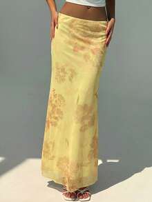 Aloruh 女士印花优雅美人鱼裙摆半身裙，适合度假 - 黃色 - 查看 8