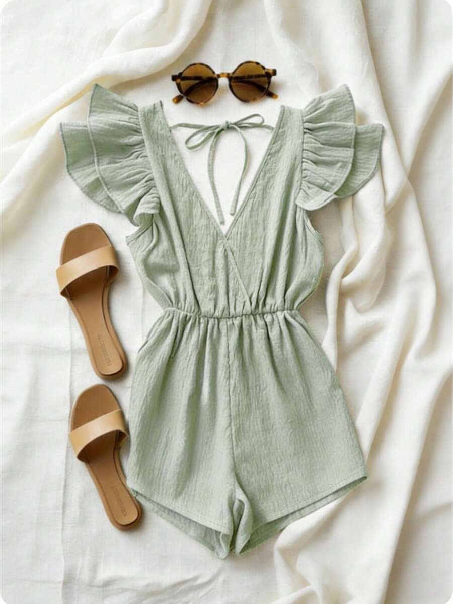 Franclia Women's Sage Green Summer Cute Deep V-Neck Cap Sleeve Waist Cinched Short Jumpsuit,Holiday Vacation Romper Playsuit For Petite Travel Casual Outfits - Mint Green - View 1