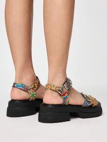 ROMWE Sandal Pantai Wanita Musim Panas Ujung Terbuka Gaya Rock Punk Goth Roman, Sandal Platform Wedges dengan Tali Bintang, Sepatu Musim Semi, Liburan Musim Semi, Paskah, Halloween, Natal, Hari Valentine - setelan warna - View 5