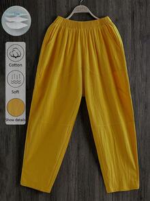 SHEIN LUNE CURVE Plus Size Women Solid Color Elastic Waist Casual Harem Pants - Yellow - View 6