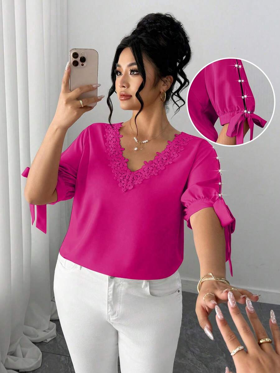 Elenzga Blus Wanita Ukuran Besar Elegan Model Off-Shoulder Leher Bulat Ruffle Ikat Lengan Setengah dengan Hiasan Mutiara - Hot Pink - View 1