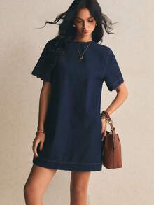 Poéselle Zanzea Women's Navy Blue Summer Casual Short Sleeve Denim Dress,100% Cotton Scallop Trim Solid Minimalist Sundress For Any Occasion Mother's Day - Dark Wash - View 3