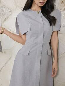 Heiryn Elegant Metal Buckle Commuter Dress For Women - Grey - View 2