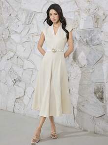 Heiryn 优雅V领系带连衣裙，通勤必备 - 杏色 - 查看 5