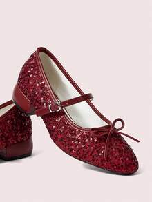 CUCCOO DOLLMOD Giày nữ mũi tròn, trang trí nơ, màu đỏ tía, đính sequin lấp lánh, dễ thương, đế dày, đế thấp, kiểu Mary Jane. - Màu Đỏ Sâu - Xem 3