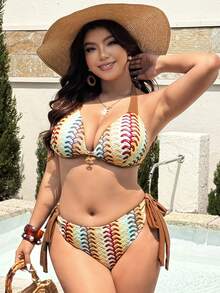 Swim Vcay 大码女式新款特制硬杯无钢圈两件式泳衣,高端艺术特制性感硬杯宽肩带挂脖泳衣,高端金属配件个性侧边蝴蝶结泳裤,休闲时尚度假沙滩泳装 - 彩色 - 查看 4