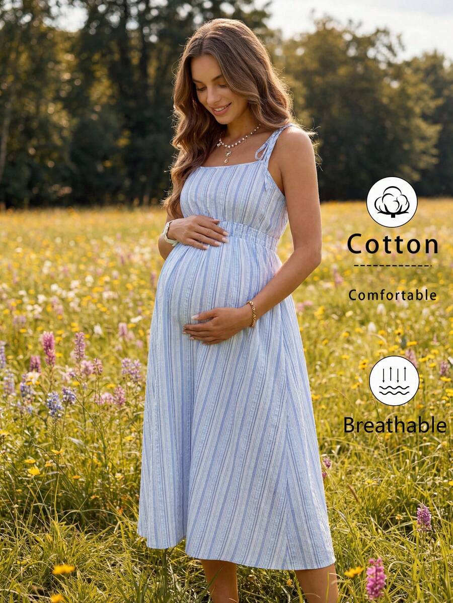 Boho Mama Đầm bầu mùa hè dáng rộng kẻ sọc buộc dây vai - Màu xanh lam - Xem 1
