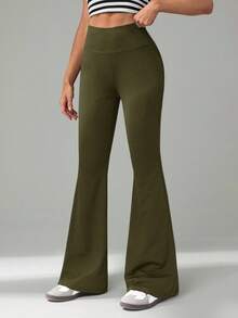 SHEIN Tall 女士纯色休闲高腰喇叭裤 - 軍綠色 - 查看 5