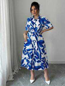 Elenzga Blue Collared Short Sleeve Cinched Waist Casual Plus Size Dress With Artistic Leaf Print In Blue And White - Blue - View 5