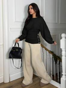 Ronhire 女装新款秋冬单件设计蝙蝠袖高端纽扣简约日常针织长袖上衣 - 黑色 - 查看 6