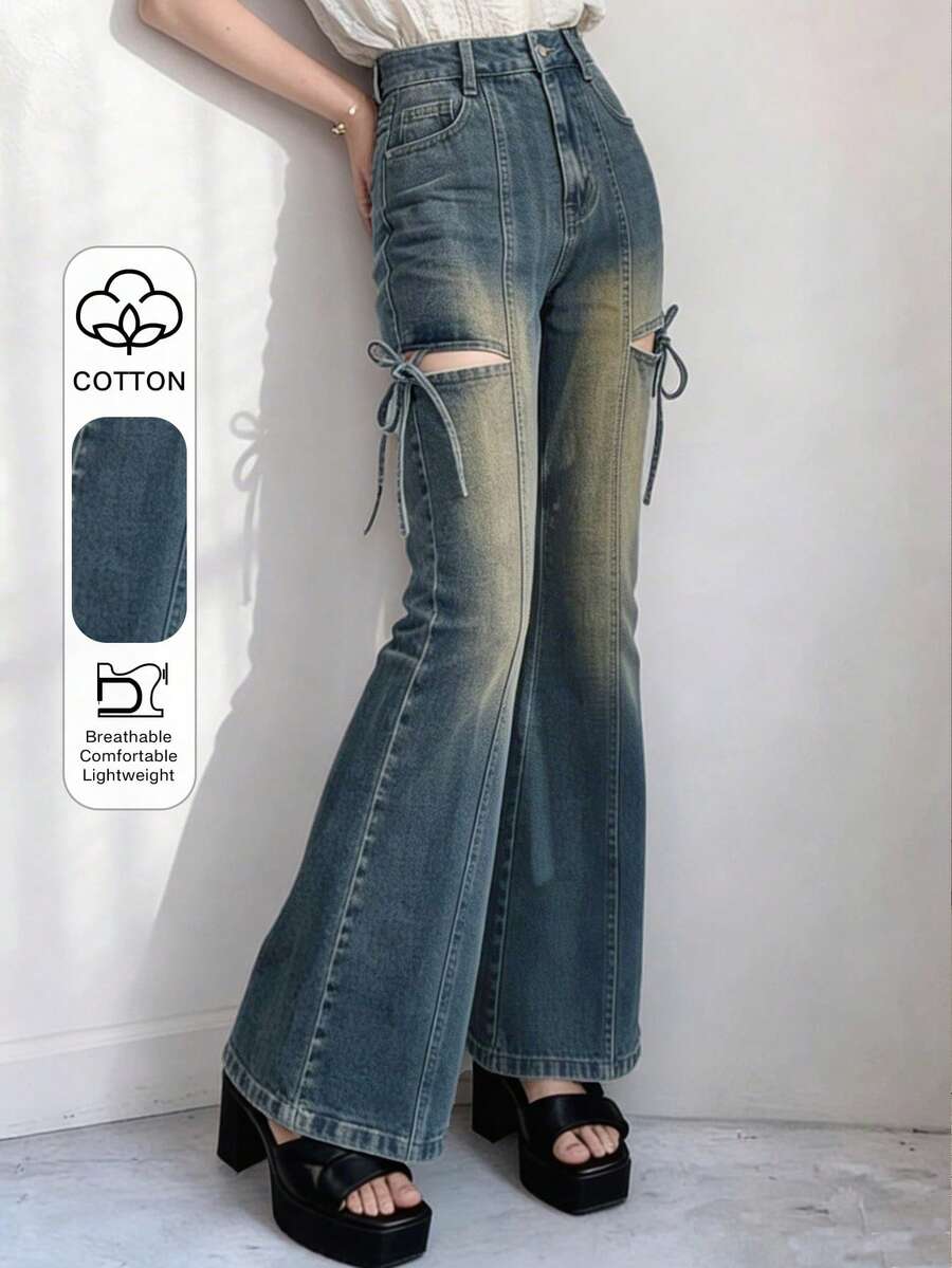 FRIFUL Quần jeans nữ ống loe buộc dây, kiểu dáng thường ngày, chất liệu vải denim mài, có lỗ thoáng khí. - Màu xanh lam - Xem 1