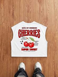 Manfinity Joysei Men's Casual Cherry Letter Print Top, Versatile For Daily Wear - White - View 1