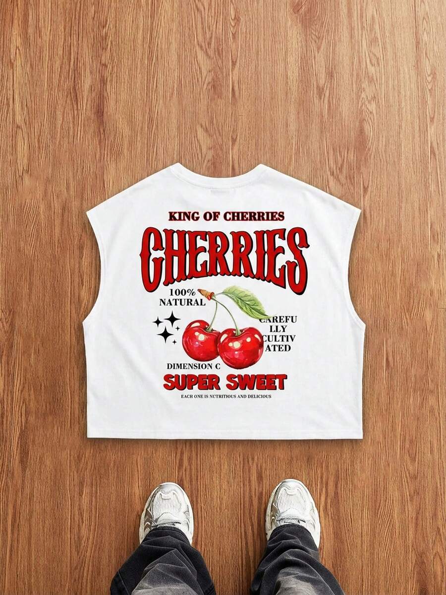 Manfinity Joysei Men's Casual Cherry Letter Print Top, Versatile For Daily Wear - White - View 1