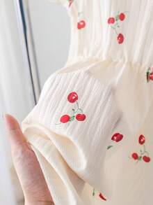 Young Girls' Formal Dresses Cherry Print, Textured Fabric, Loose Fit, Puff Sleeve Style, Sweet And Minimalist Design, Summer Collection. - Apricot - View 2