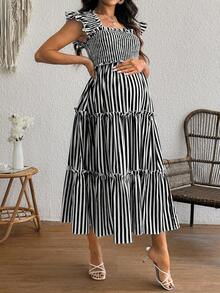 SHEIN Black And White Striped Summer Casual Maternity Photoshoot Dress,Shirred Flutter Sleeve Zebra Vacation Dress,Chic Resort Wear,Business Casual Dress - Black - View 5