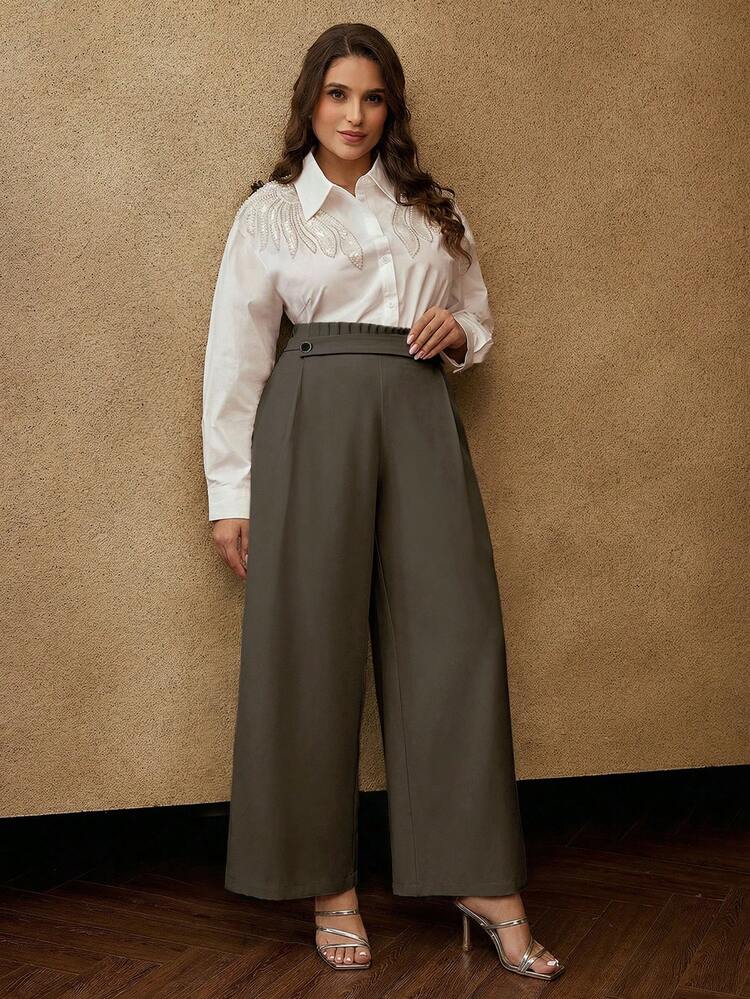 PLUS SIZE WOMEN'S FOLD PLEATED ASYMMETRIC VERSATILE ELEGANT PANTS, SUITABLE FOR WORK, SPRING/SUMMER