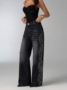 Aloruh 女士休闲水洗水钻装饰阔腿牛仔裤 - 黑色 - 查看 7