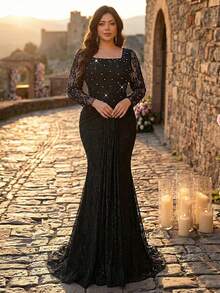 Aureia Plus Size Elegant Romantic Black Square Neck Sheer Long Sleeve Luxury Pearl & Rhinestone Waist Twist Ruffle Mermaid Hem Dress, Suitable For Wedding, Party, Formal Events, Gala (Heavily Embellished Design) - Black - View 7