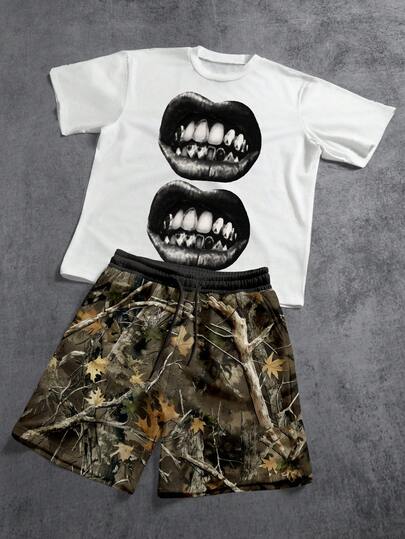Manfinity ZONE917 Loose Street-Style Distressed Gray Lip Print Camo Contrast Waist Short Sleeve T-Shirt And Shorts Set, Suitable For Spring/Summer, Essential For Dates And Gatherings, Great Gift For Boyfriend