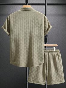 Genlund 男士成熟度假短袖襯衫套裝，男士條紋襯衫與抽繩腰短褲（不含T恤），亞麻材質，度假多彩男友禮物，休閒度假風 - 綠色 - 查看 2