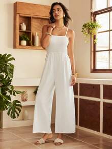 Lullawish Bohemian Style Comfortable Long Solid Color Women Jumpsuit - White - View 3