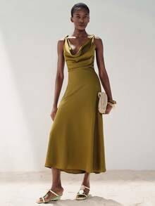 Aveloria Modichic European And American Fashion Elegant Plunging Neckline Waist Gathered Flared Satin Sleeveless Dress - Khaki - View 7