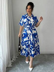 Elenzga Blue Collared Short Sleeve Cinched Waist Casual Plus Size Dress With Artistic Leaf Print In Blue And White - Blue - View 3