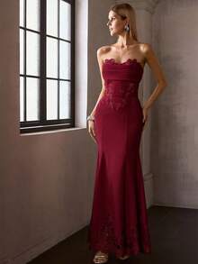 MOTF Soiréza WOMEN'S OCCASION WEAR MERMAID HEM LACE PATCHWORK LONG DRESS - Burgundy - View 6