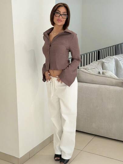 IamThia Blusa de manga larga de unicolor para mujer, minimalista y de moda para uso diario