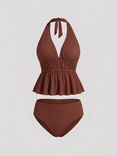 Sweetra CURVE Conjunto de tankini de playa elegante para mujer con parte superior de cuello halter sin espalda con pliegues en la cintura, hecho de tela jacquard de unicolor, y Bottom de triángulo de cintura alta de unicolor