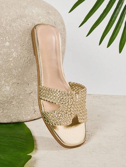 SHUZIA #WideFitQuietLuxury Women's Square Toe Hand Woven Vegan Leather Gold Slide Sandals – Inspired By Designer Aesthetic, Wide Fitting Minimalist & Elegant.