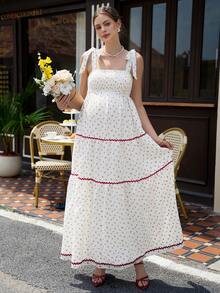 Momance Women's Long Ditsy Floral Spaghetti Strap Tie Bow Elegant Maternity Dress - Apricot - View 5