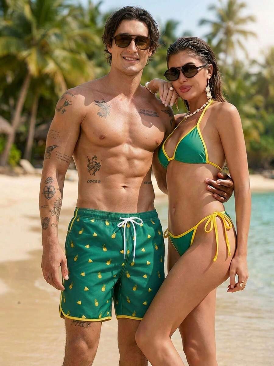 Surfspeed Men's Pineapple Print Drawstring Waist Pocket Beach Shorts Men Matching Swim Trunks Swim Trunks For Men Beachwear For Men Men Swim Trunks Shorts Men Swim Trunks, Hawaiian Pineapple Print Swim Shorts Men's Pineapple Shorts Men Green Swim Trunk Men's Green Pineapple Shorts Men's Pineapple Swim Trunks Men's Green Shorts - Green - View 1