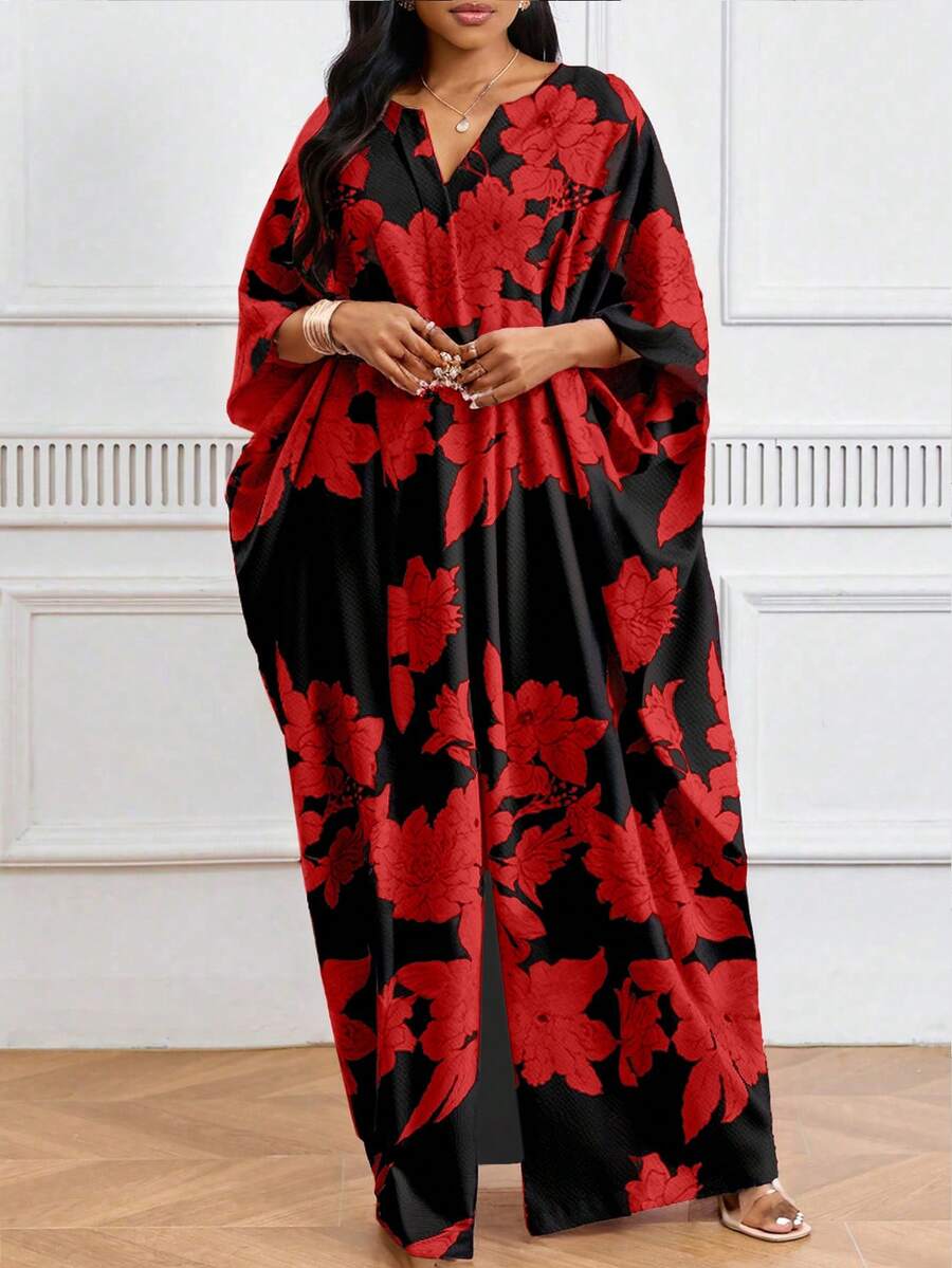 SHEIN Lady 春夏优雅黑色编织 V 领短袖束腰连衣裙衬衫裙大码连衣裙万圣节服装女式长袍 - 紅色 - 查看 1