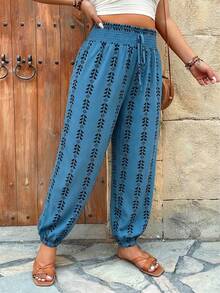Weeklong Pantalones harem de cintura elástica con estampado, pantalones casuales de vacaciones para tallas grandes - Multicolor - Ver 4