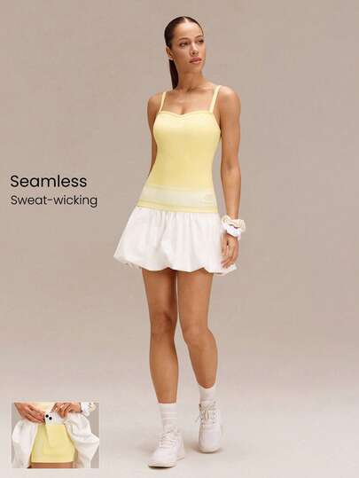 GLOWMODE UltraFine Soft Seamless Swing & Glow Breathable Sweat-Wicking Removable Cups Adjustable Straps Built-In Shorts Sweetheart Neckline Low-Rise Waist Bubble Skirt Dress Tennis Golf Pickleball Daily Casual Wear