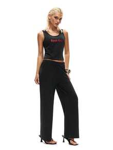 SHEIN Minimalist Combination Of Solid Black Camisole + Wide-Leg Pants. The Camisole Features A U-Neck Sleeveless Design With A Red "Rest Era" Print As A Visual Highlight. The Pants Have An Elastic Waistband And A Loose Wide-Leg Silhouette, Offering A Streamlined Yet Flexible And Draping Look. - Black - View 1