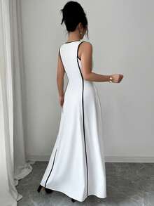 Elenzga Elegant Women's Black & White Placement Print Long Loose Casual Dress, Suitable For Beach, Daily Outing, Dating, Dining, Middle Eastern Style - White - View 2