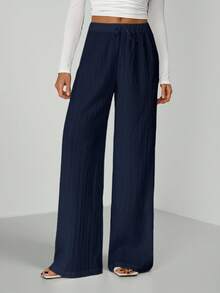 SHEIN Tall Quần ống rộng cạp chun, chất liệu vải nhăn có họa tiết. - Màu xanh hải quân - Xem 7