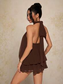 SHEIN PETITE 女士优雅黑色吊带系带迷你连衣裙，既高贵又性感 - 棕色 - 查看 2