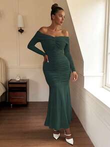 DAZY Elegant Solid Color Open Shoulder Ruched Midi Dress For Women, Spring/Summer Sundress Off The Shoulder - Dark Green - View 12