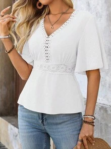 SHEIN LUNE 女士蕾丝拼接腰部度假衬衫 - 白色 - 查看 8