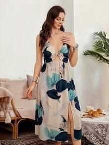 SHEIN Plant Leaf Print Cinched Waist V-Neck Slit Bodycon Vacation Dress For Women - Multicolor - View 3