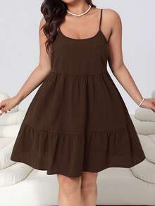 Solflare 大码女式纯色荷叶边无袖连衣裙，春夏款 - 巧克力棕 - 查看 3